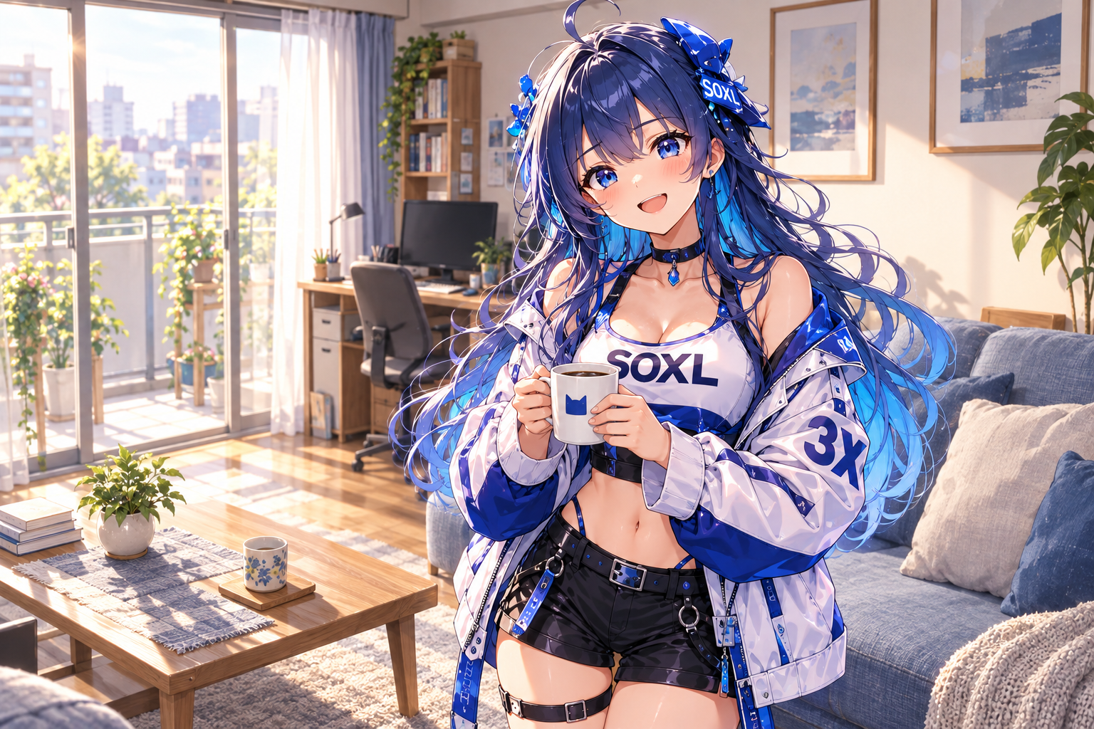 朝日の差す部屋で、マグカップを手に迎えてくれるSOXLちゃん
